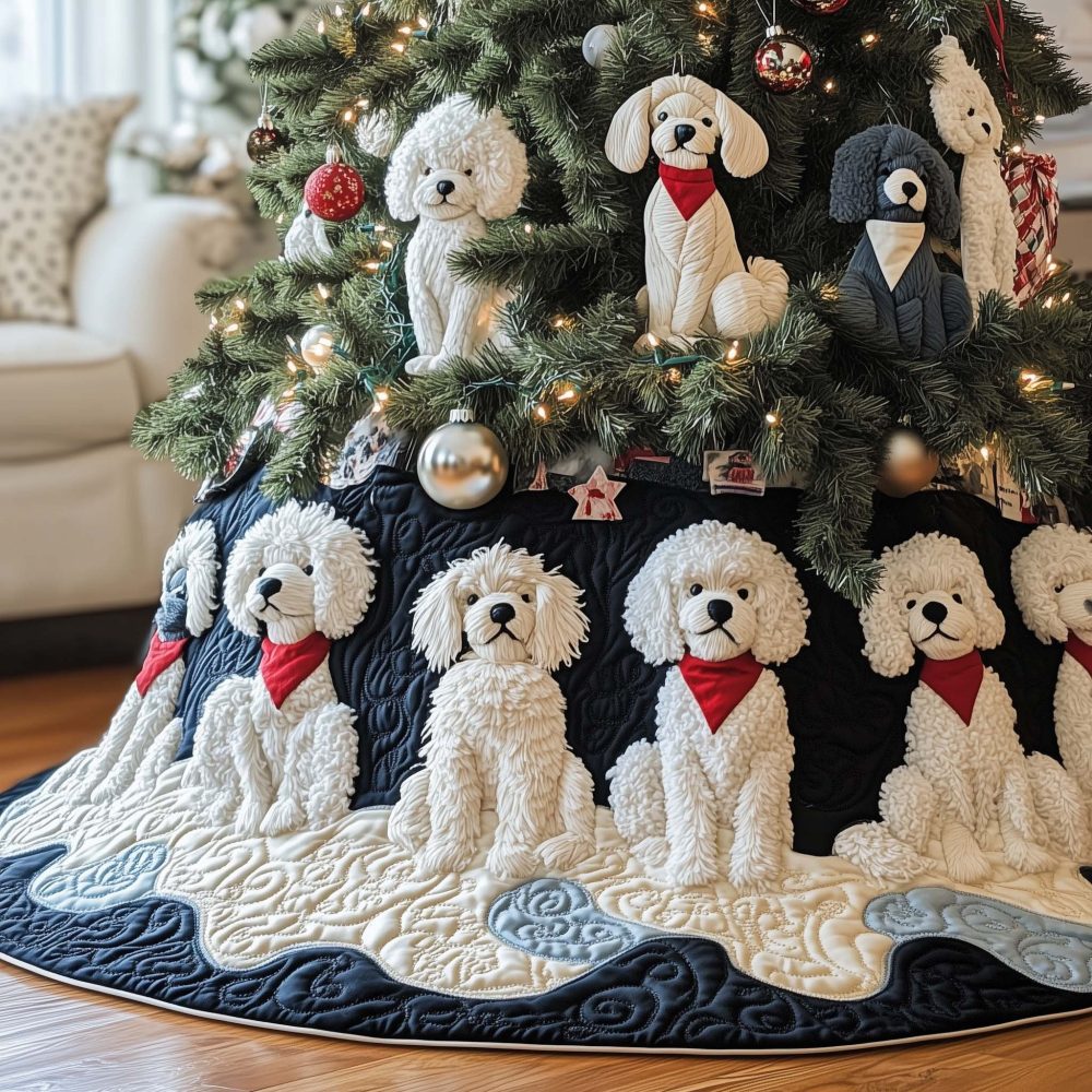 Navy Christmas Tree Skirt With Bichon Frise In Red Scarves — Personalized Holiday Skirt, Premium Print & Finish