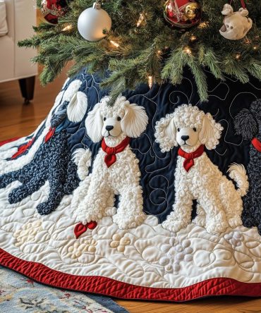 Classic White Poodles On Navy With Red Rim Christmas Tree Skirt — Custom Holiday Skirt, Fade-Resistant Print