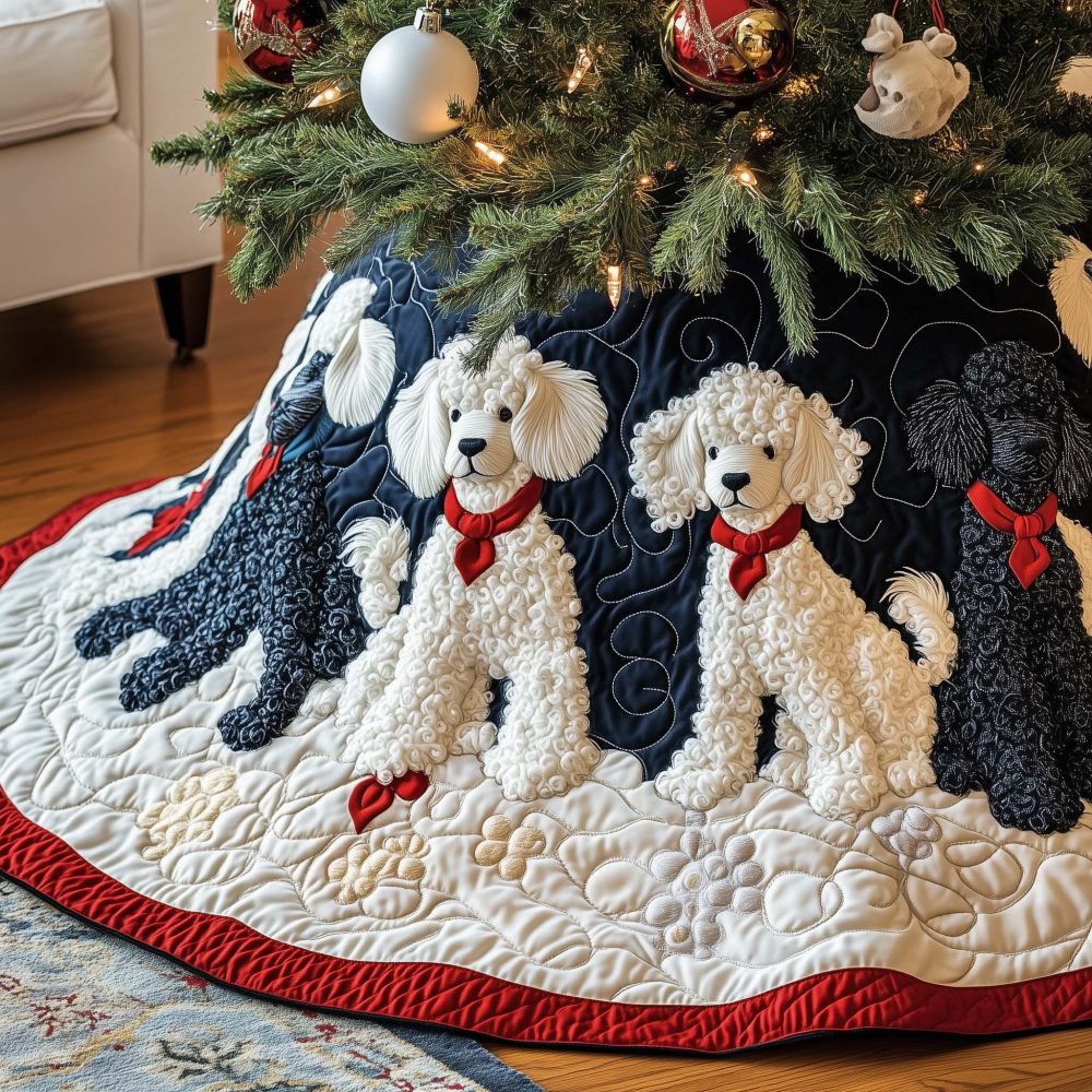 Classic White Poodles On Navy With Red Rim Christmas Tree Skirt — Custom Holiday Skirt, Fade-Resistant Print