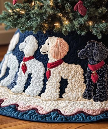 Deep Navy Christmas Tree Skirt With Poodles In Red Scarves — Luxurious Custom Skirt, Professional-Grade Fabric