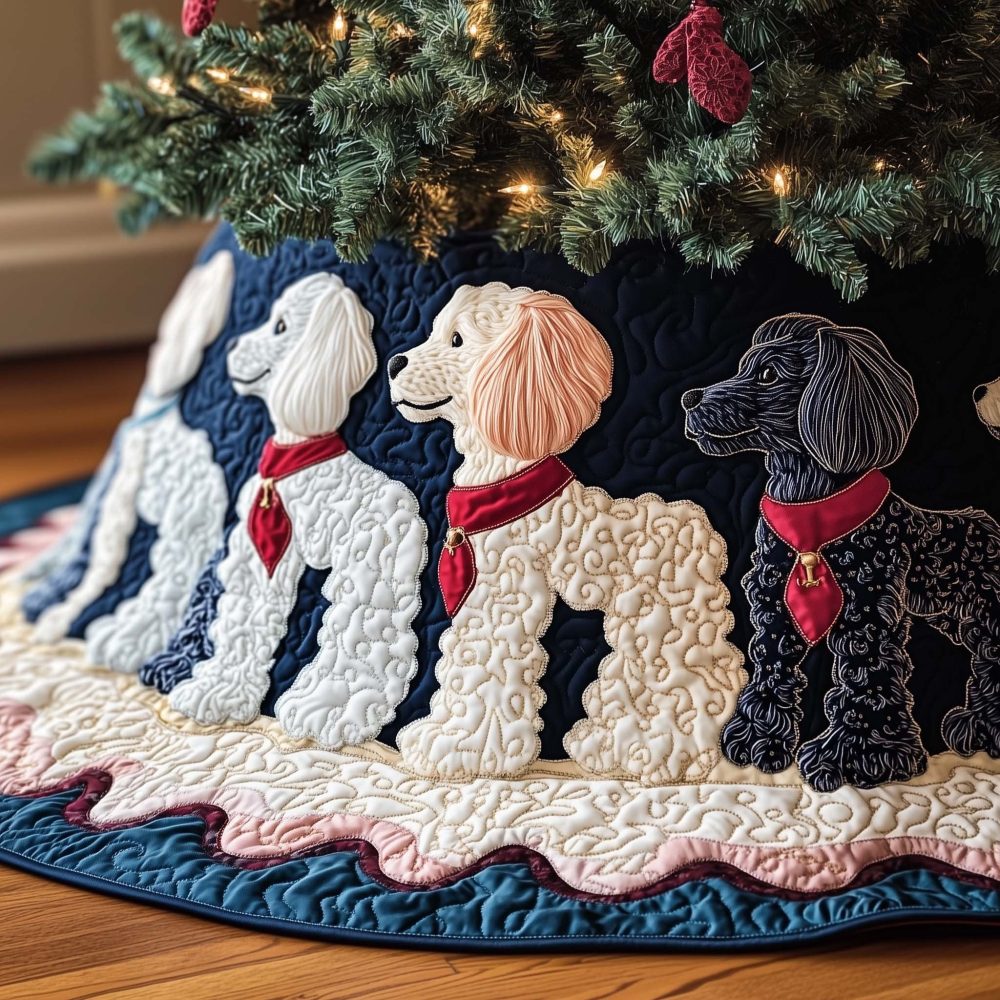 Deep Navy Christmas Tree Skirt With Poodles In Red Scarves — Luxurious Custom Skirt, Professional-Grade Fabric