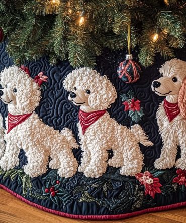Cream Poodles On Navy Tree Skirt With Holly Accents — Custom Holiday Skirt, Soft-Matte Finish & Multiple Sizes