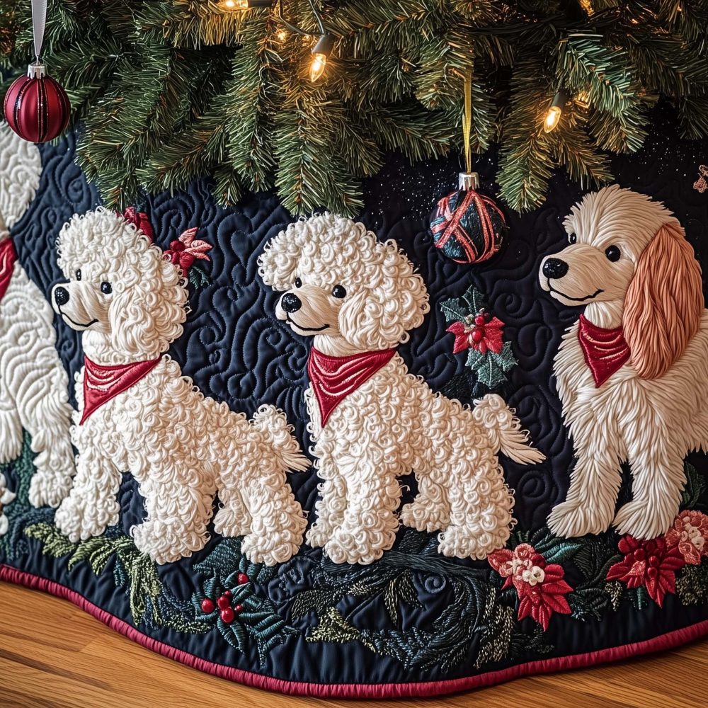 Cream Poodles On Navy Tree Skirt With Holly Accents — Custom Holiday Skirt, Soft-Matte Finish & Multiple Sizes