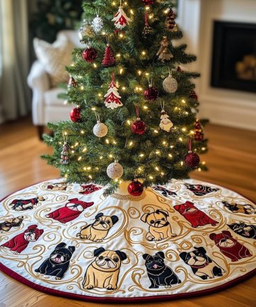 Festive Pugs & French Bulldogs Tree Skirt With Red Gift Motifs - Custom Made-To-Order Holiday Decor For Pet Families