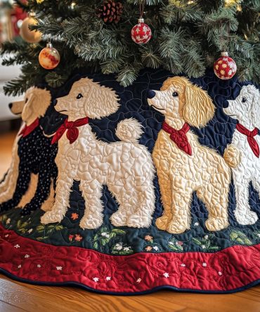 Cream Doodle Pattern Christmas Tree Skirt With Red Border — Handmade Look, Custom Sizing For Festive Décor