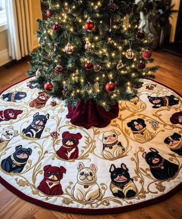 Premium Bulldog Portrait Christmas Tree Skirt With Gold Vine Pattern - Handmade, Custom Holiday Décor For Dog Lovers