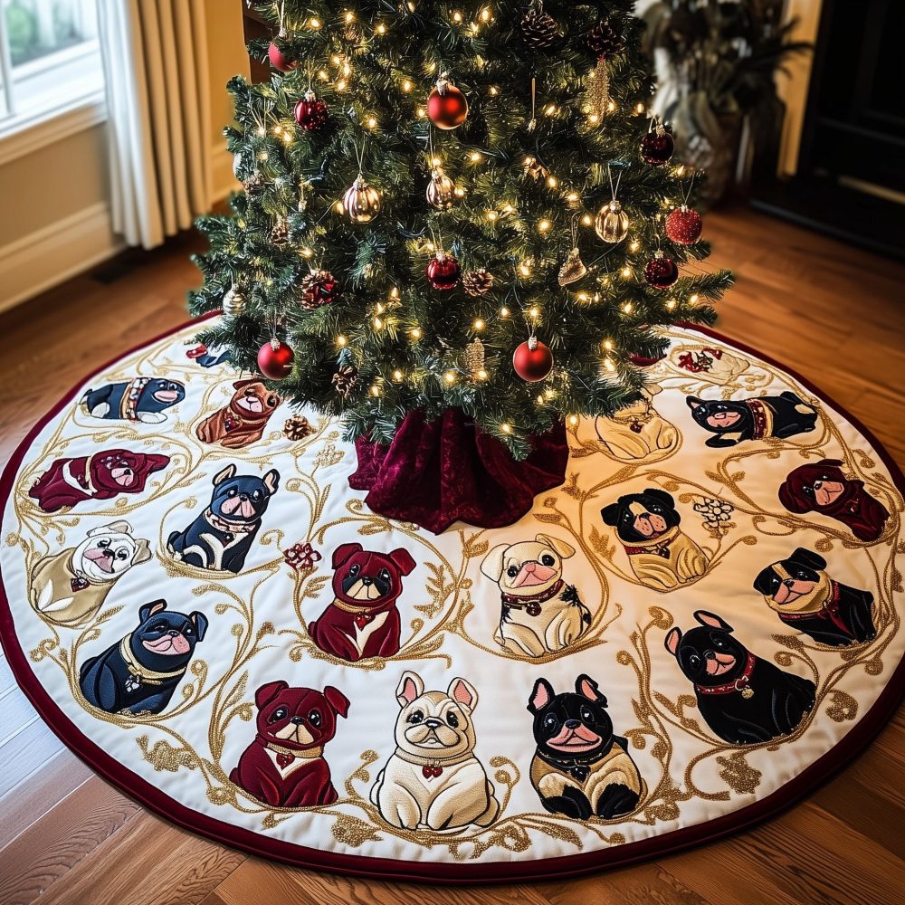 Premium Bulldog Portrait Christmas Tree Skirt With Gold Vine Pattern - Handmade, Custom Holiday Décor For Dog Lovers