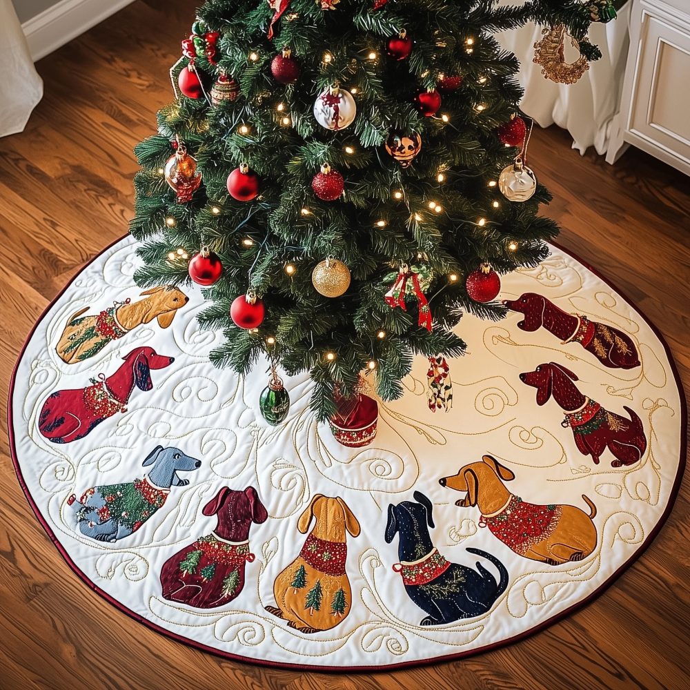 Cozy Sweater Dachshund Christmas Tree Skirt On White — Custom Made Holiday Decor For Dachshund Owners, Personalized Gift