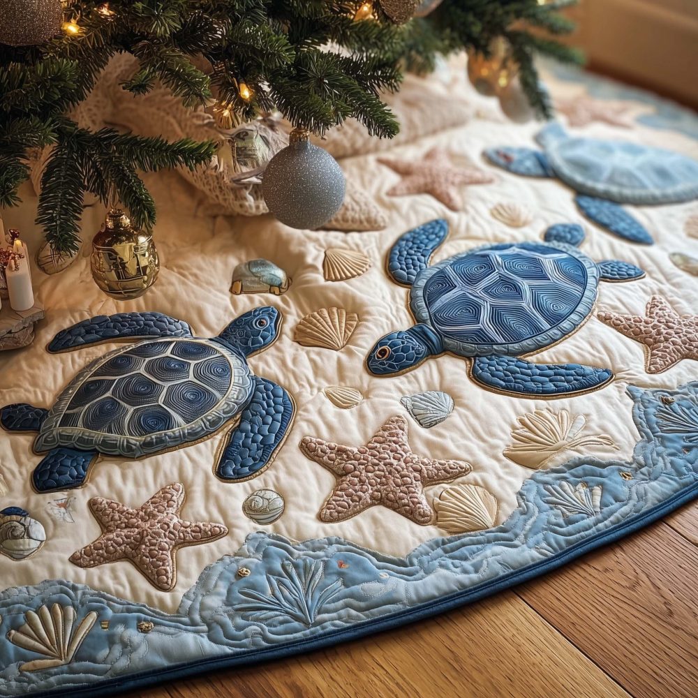 Sandy Shore Sea Turtle Tree Skirt — Coastal Handmade Christmas Skirt With Turtle Motif, Nautical Beach Holiday Accent, Made To Order