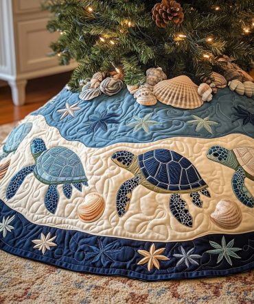 Sea Turtles With Blue Shell Border Tree Skirt — Coastal Christmas Skirt, Nautical Shoreline Design, Handmade To Order