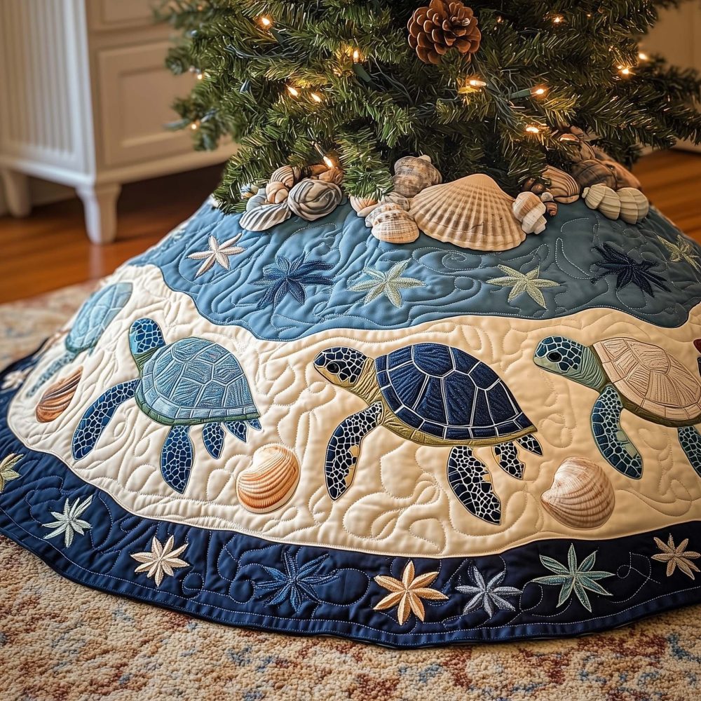 Sea Turtles With Blue Shell Border Tree Skirt — Coastal Christmas Skirt, Nautical Shoreline Design, Handmade To Order