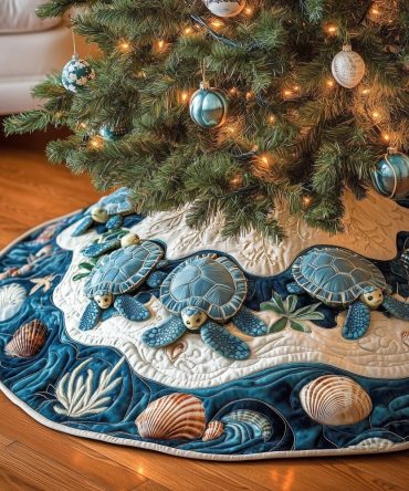 Sea Turtle Ocean Wave Tree Skirt — Coastal Christmas Skirt With Swimming Turtles, Nautical Holiday Decor, Handmade To Order