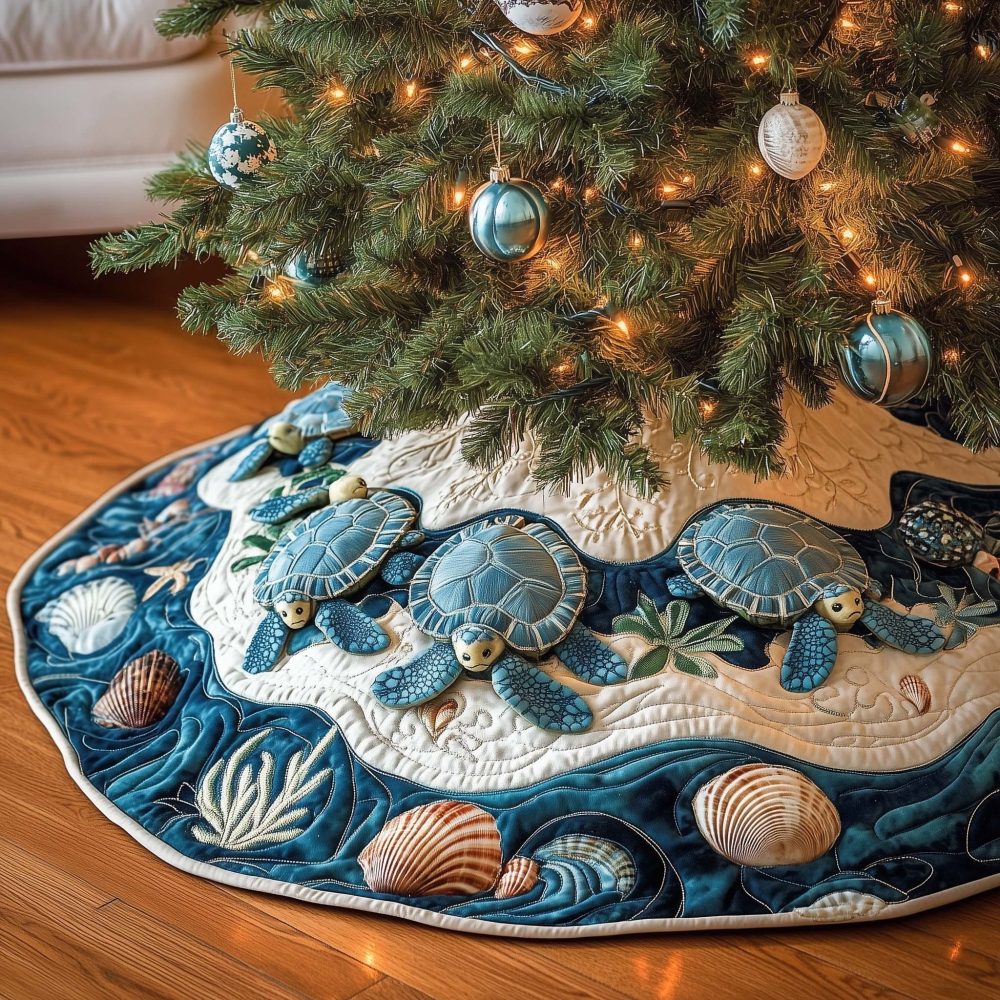 Sea Turtle Ocean Wave Tree Skirt — Coastal Christmas Skirt With Swimming Turtles, Nautical Holiday Decor, Handmade To Order