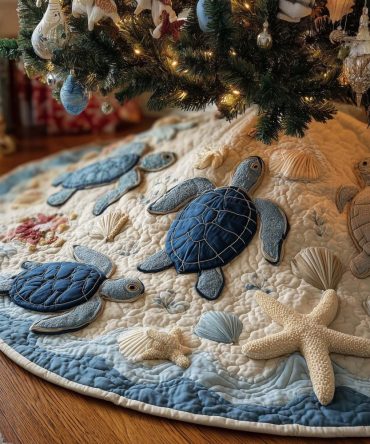 Blue Turtle Beach Tree Skirt — Soft Sand & Sea Design, Coastal Handmade Christmas Skirt, Nautical Holiday Home Accent