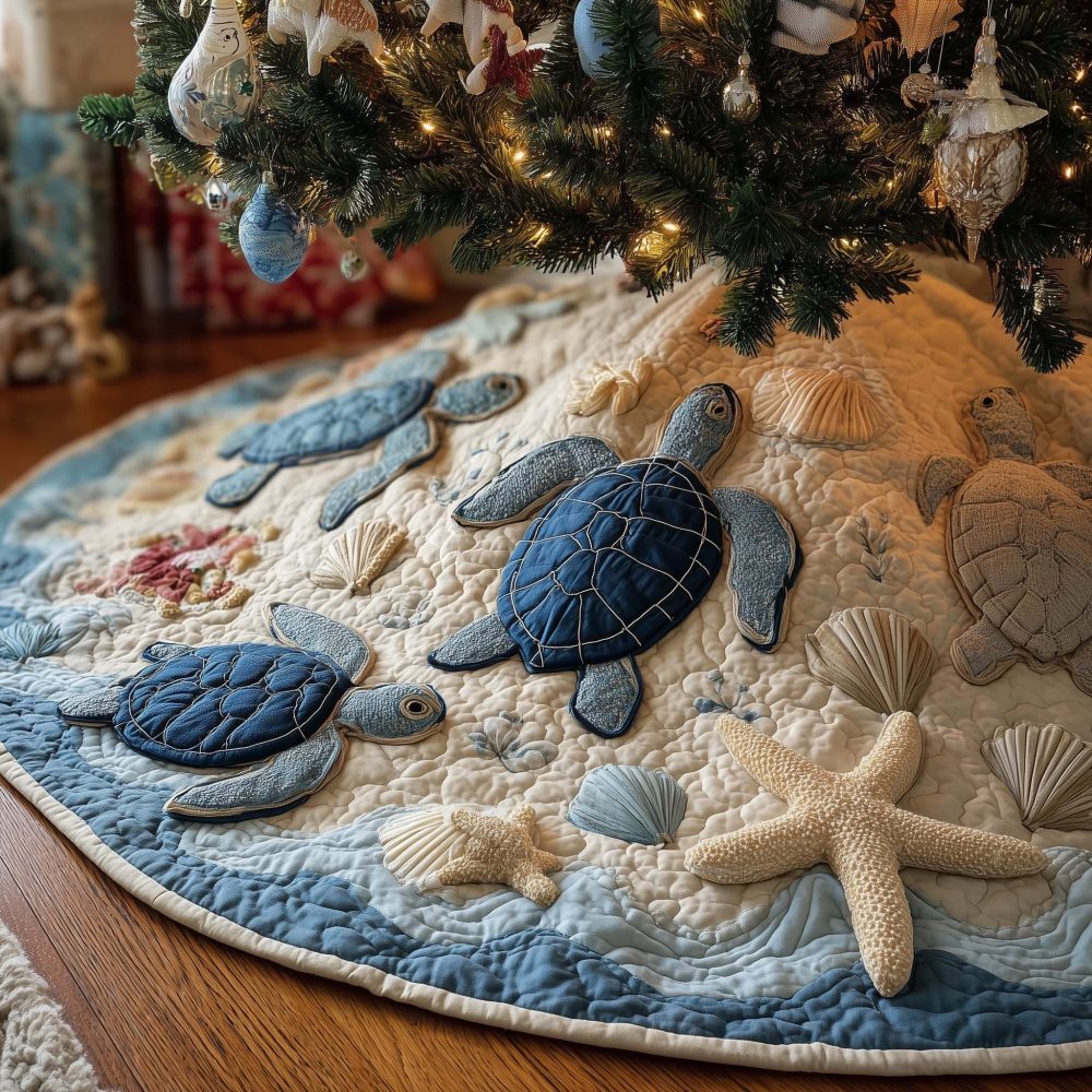 Blue Turtle Beach Tree Skirt — Soft Sand & Sea Design, Coastal Handmade Christmas Skirt, Nautical Holiday Home Accent