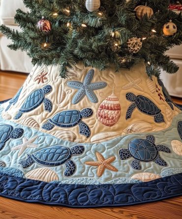 Turtles & Starfish Navy-Bordered Tree Skirt — Beachy Christmas Skirt With Nautical Motifs, Handmade Coastal Holiday Accent