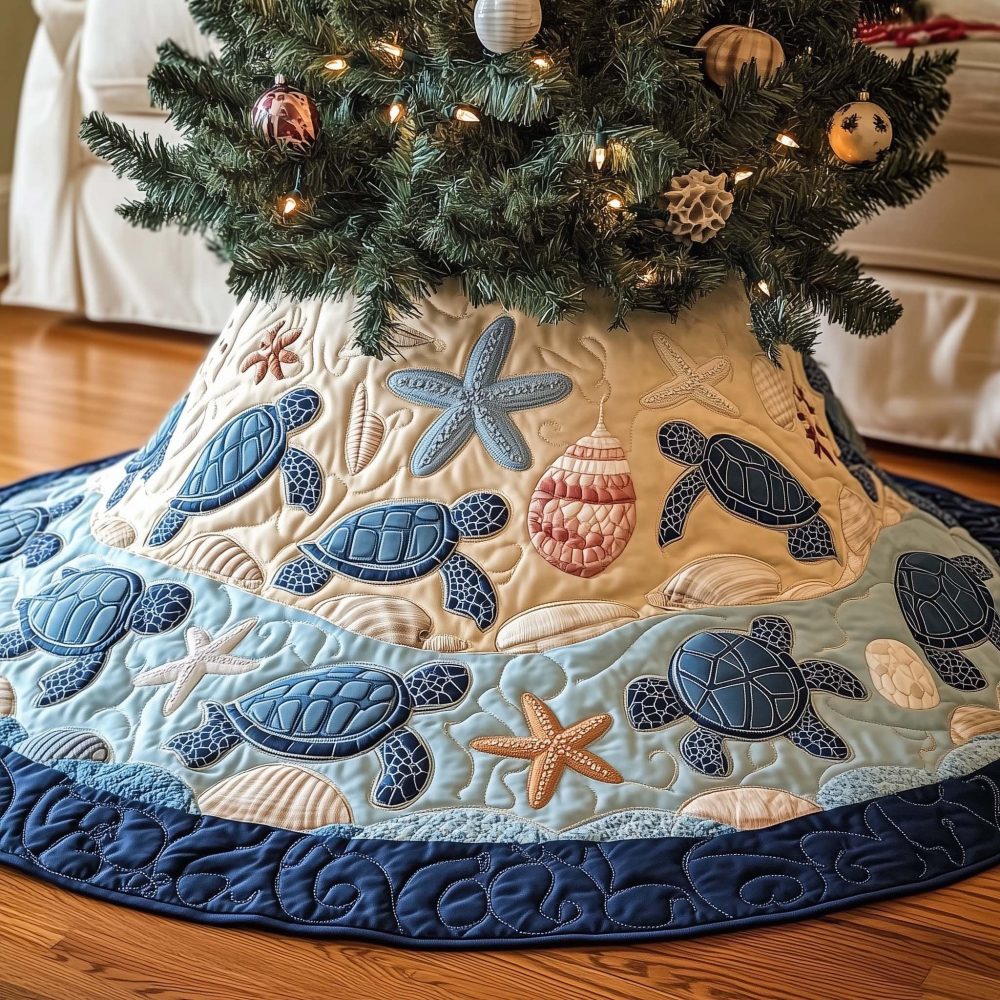 Turtles & Starfish Navy-Bordered Tree Skirt — Beachy Christmas Skirt With Nautical Motifs, Handmade Coastal Holiday Accent