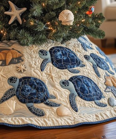 Navy Sea Turtles On Ivory Tree Skirt — Elegant Coastal Christmas Skirt, Neutral Holiday Decor, Handmade & Made-To-Order