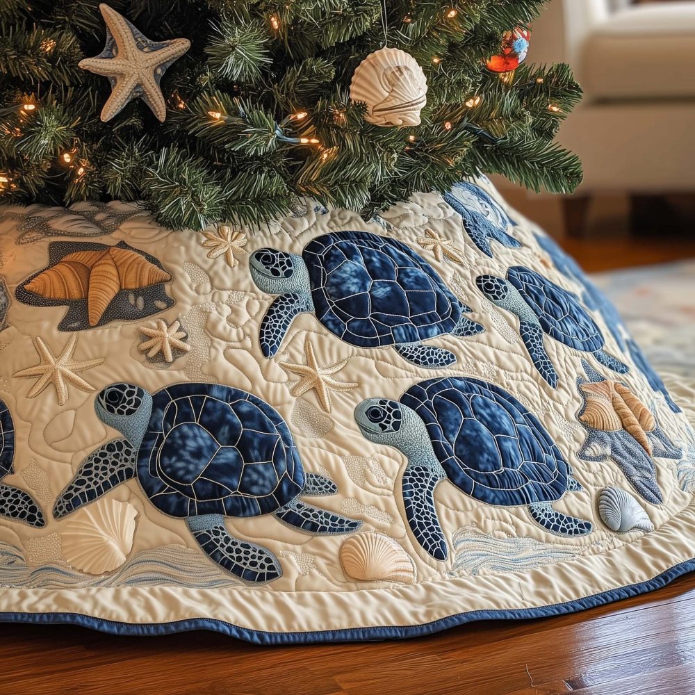 Navy Sea Turtles On Ivory Tree Skirt — Elegant Coastal Christmas Skirt, Neutral Holiday Decor, Handmade & Made-To-Order
