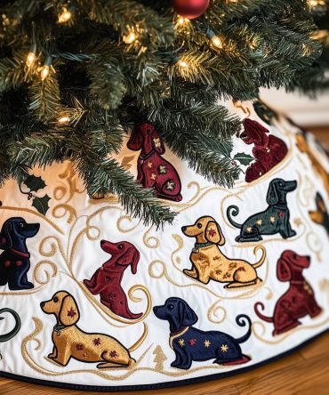 Red & Navy Dachshund Tree Skirt With Gold Swirls — Luxurious Custom Christmas Skirt For Dog Lovers, Made-To-Order