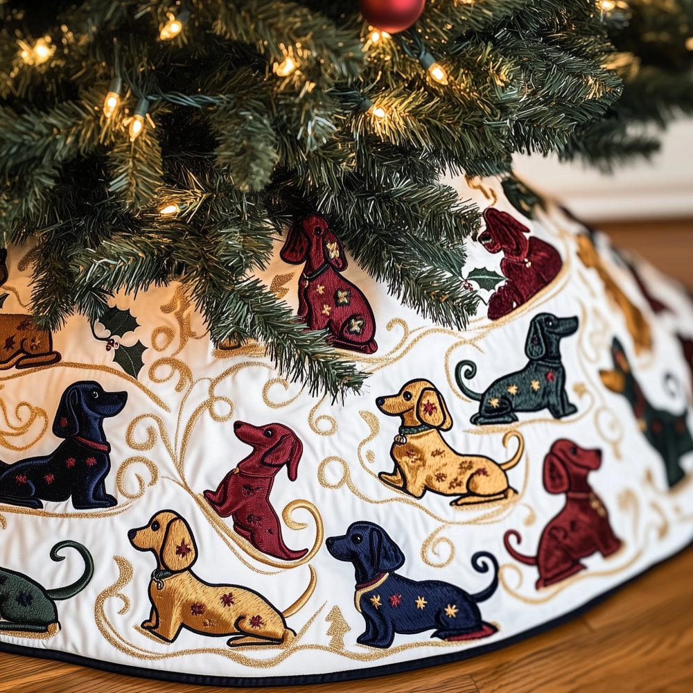Red & Navy Dachshund Tree Skirt With Gold Swirls — Luxurious Custom Christmas Skirt For Dog Lovers, Made-To-Order