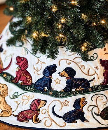 Green Vine Border Dachshund Christmas Tree Skirt — Custom Pet-Themed Holiday Skirt, Handcrafted Made-To-Order Gift