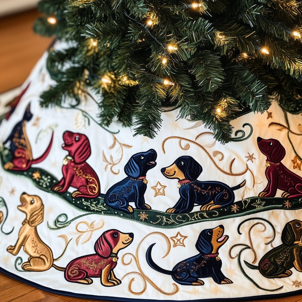 Green Vine Border Dachshund Christmas Tree Skirt — Custom Pet-Themed Holiday Skirt, Handcrafted Made-To-Order Gift