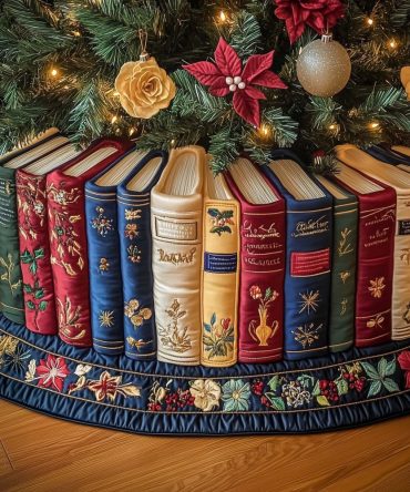 Navy Floral Border Christmas Tree Skirt With Standing Books Motif — Personalized Holiday Skirt, Premium Fabric Finish