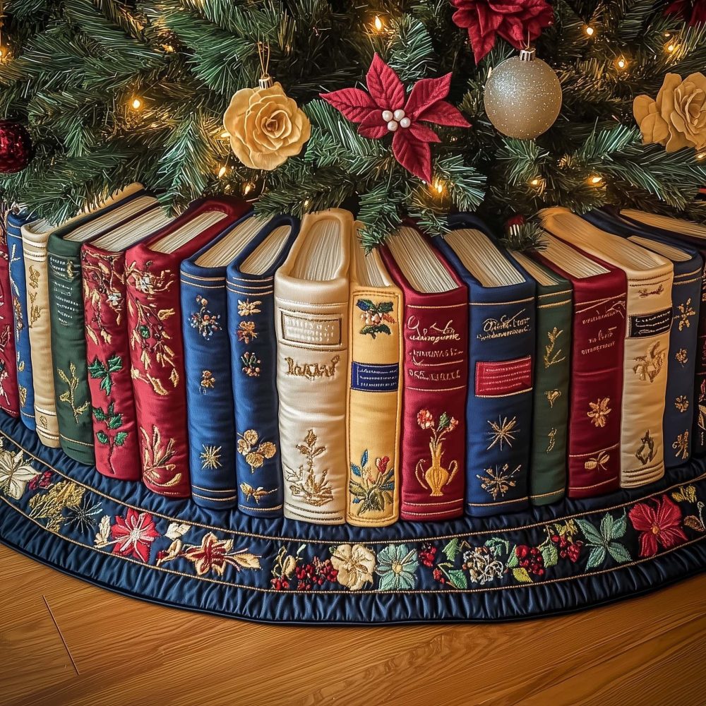 Navy Floral Border Christmas Tree Skirt With Standing Books Motif — Personalized Holiday Skirt, Premium Fabric Finish