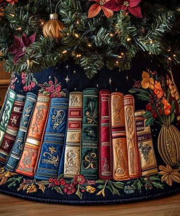 Custom Navy Christmas Tree Skirt With Autumn Book & Bloom Design — Personalized Holiday Skirt, Heavy-Duty Fabric