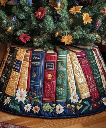 Daisies & Poinsettias Book-Themed Christmas Tree Skirt — Custom Floral Holiday Skirting With Daisies And Poinsettias, Personalization & Handmade Finish