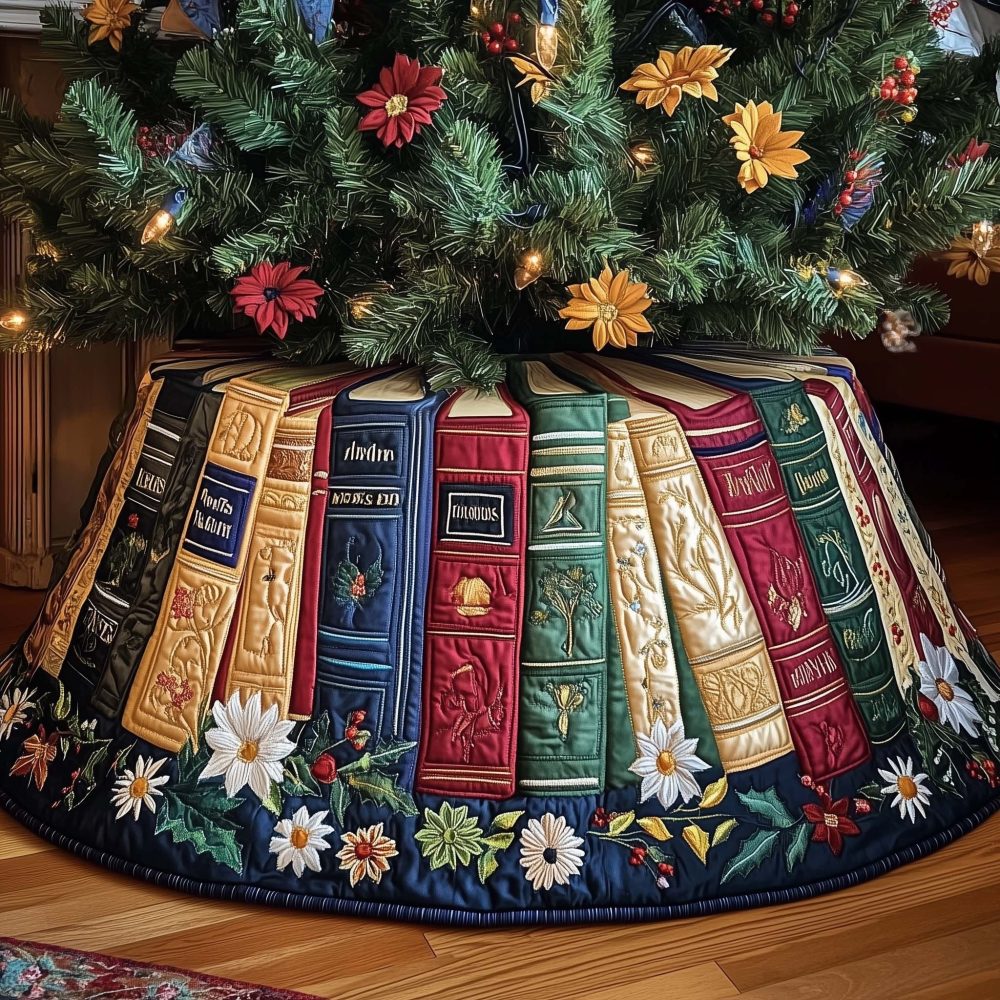 Daisies & Poinsettias Book-Themed Christmas Tree Skirt — Custom Floral Holiday Skirting With Daisies And Poinsettias, Personalization & Handmade Finish