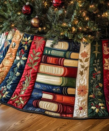 Green Foliage & Stacked Books Christmas Tree Skirt — Custom-Made Rustic Holiday Skirt, Machine-Washable Fabric