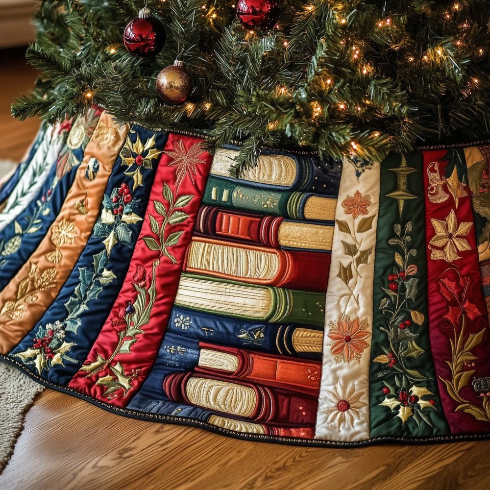 Green Foliage & Stacked Books Christmas Tree Skirt — Custom-Made Rustic Holiday Skirt, Machine-Washable Fabric