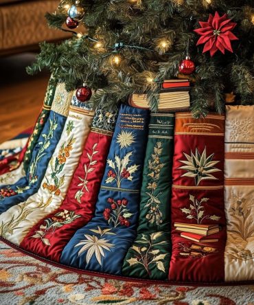Botanical Books Christmas Tree Skirt With White Floral Prints — Literary & Nature-Inspired Custom Holiday Skirt, Personalized Options, Handmade