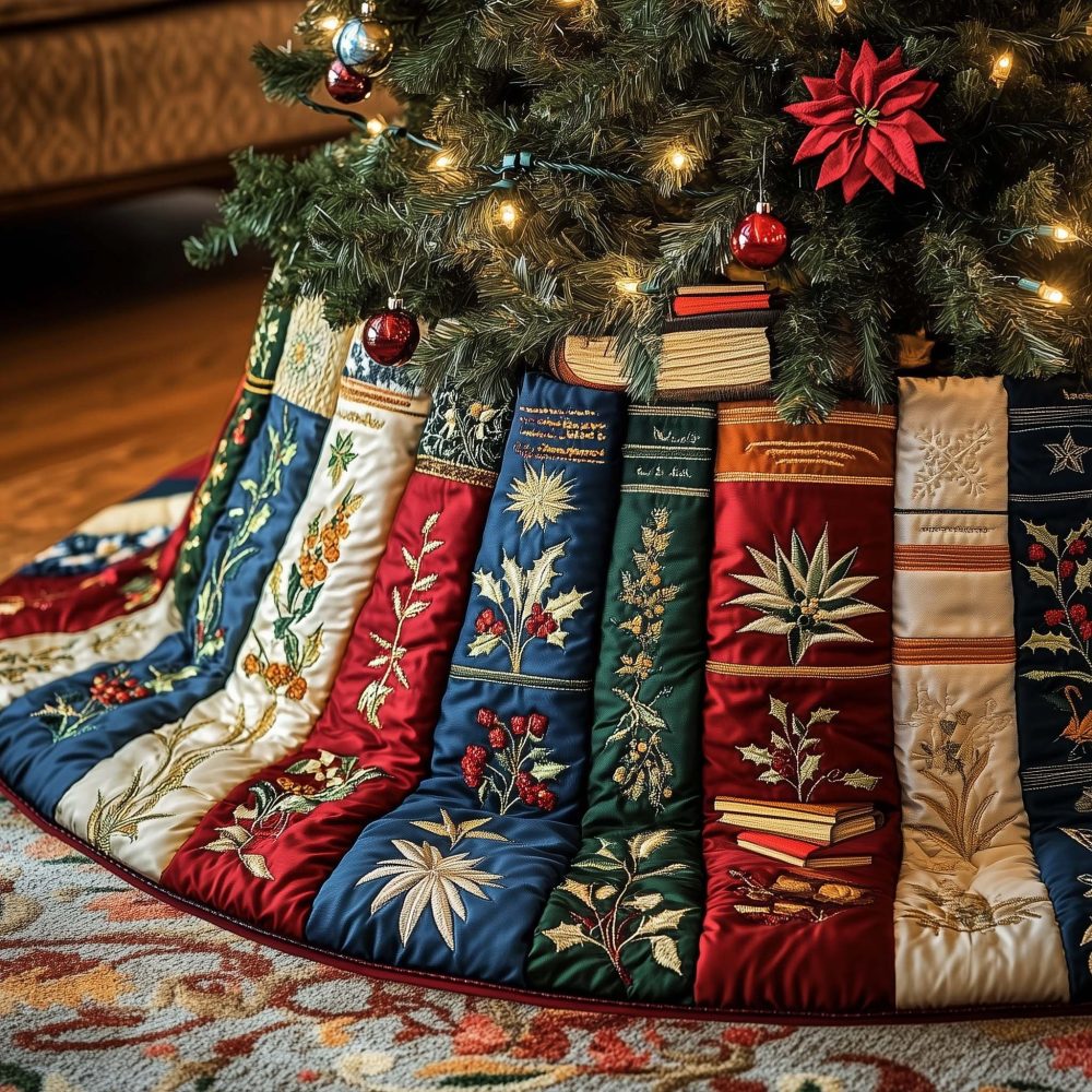 Botanical Books Christmas Tree Skirt With White Floral Prints — Literary & Nature-Inspired Custom Holiday Skirt, Personalized Options, Handmade