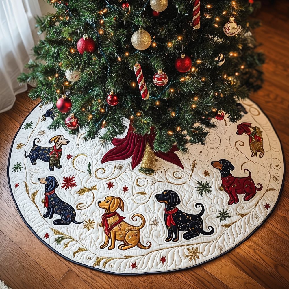 Dachshund Christmas Tree Skirt With Red Bow Accent — Custom Holiday Pet Decor, Made-To-Order Gift For Dog Lovers