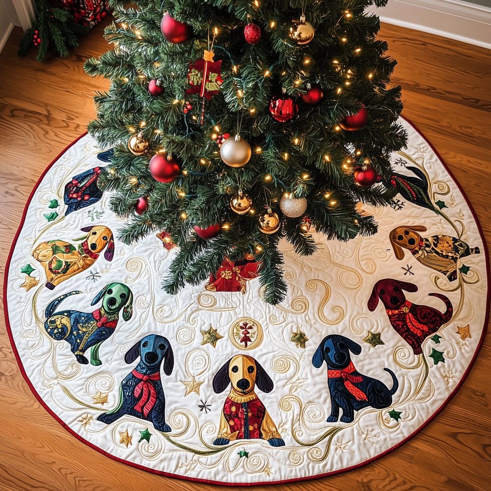 Star-Accented Dachshund Coat Christmas Tree Skirt — Custom Holiday Skirt With Cute Sausage Dogs, Made-To-Order Décor