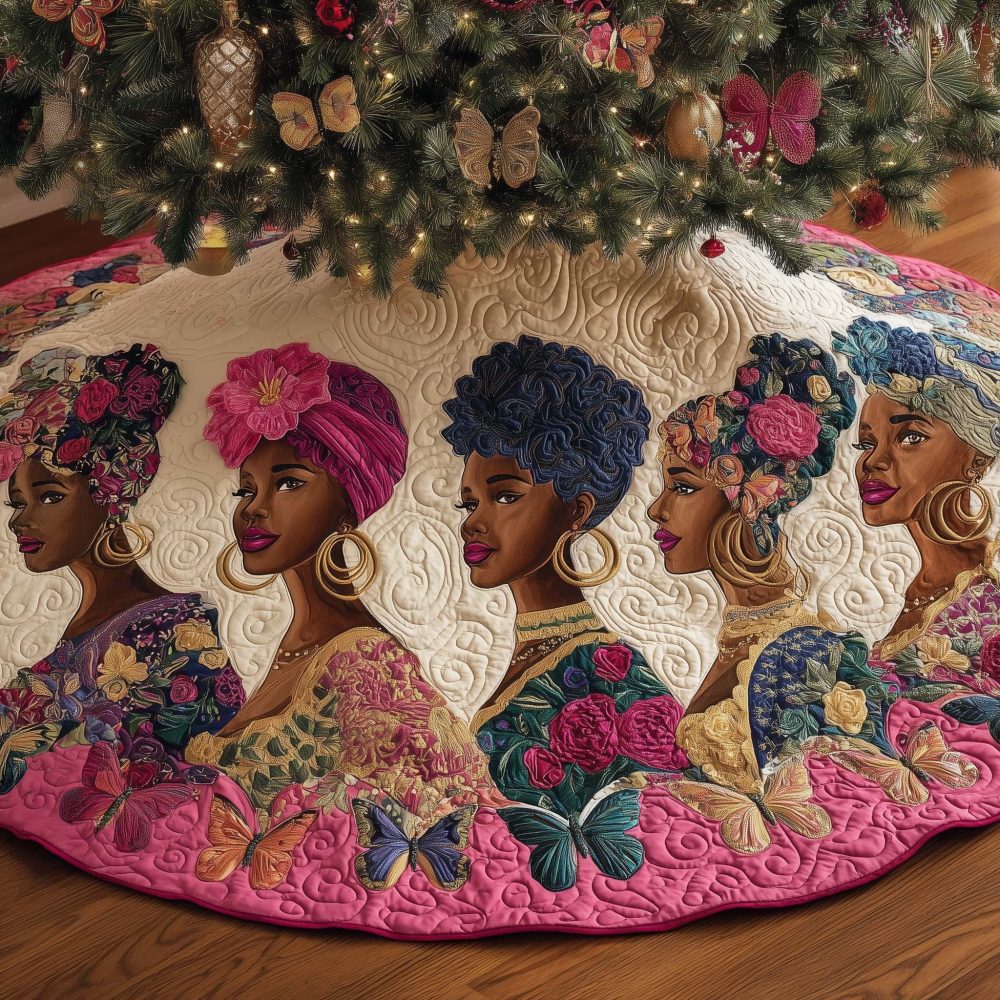 Turbans & Pink Roses Custom Christmas Tree Skirt — Cultural Elegance Meets Holiday Cheer, Personalization Options & Handmade Craftsmanship