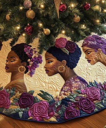 Purple Roses & Gold Hoops Custom Christmas Tree Skirt — Feminine Floral Holiday Skirt With Stylish Accents, Personalized & Handmade