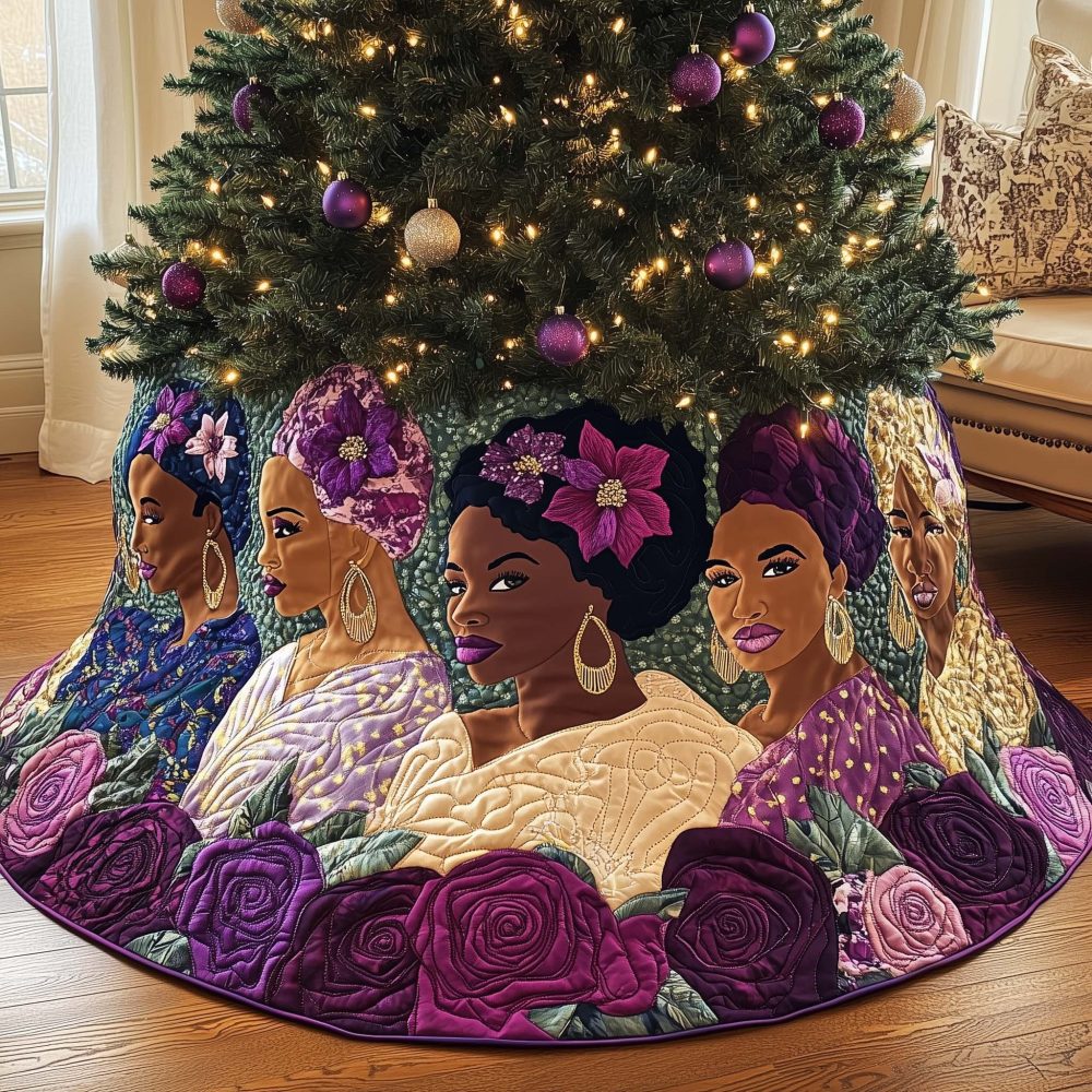 Floral Hair Portraits Custom Christmas Tree Skirt — Women With Flowers In Hair Holiday Skirt, Personalized Options, Handmade & Gift-Ready