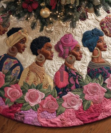 Headwraps & Pink Roses Personalized Christmas Tree Skirt — Bold Headwrap Portraits With Floral Accents, Custom Sizes & Handmade Finish