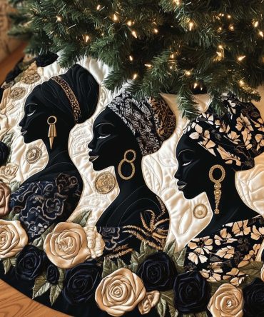 Bold Black Silhouettes With Gold Hoop Earrings Christmas Tree Skirt — Modern Custom Holiday Skirt, Personalization Available, Handmade Quality