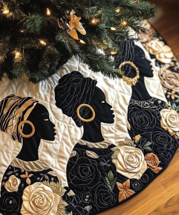 Silhouette Portraits With White Roses Custom Christmas Tree Skirt — Elegant Monochrome Holiday Skirt, Personalization & Handmade Craftsmanship