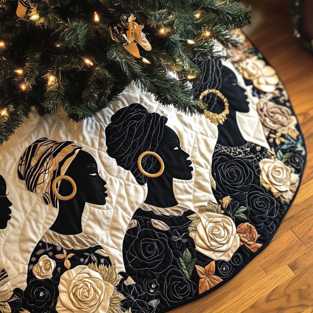 Silhouette Portraits With White Roses Custom Christmas Tree Skirt — Elegant Monochrome Holiday Skirt, Personalization & Handmade Craftsmanship