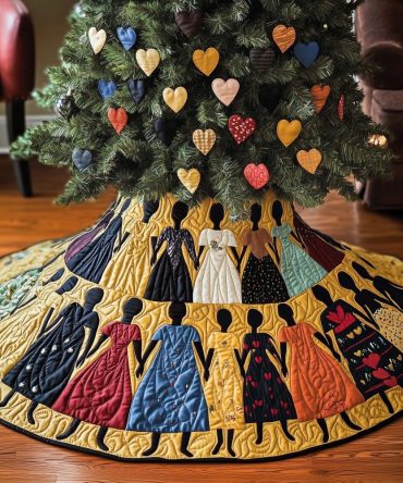 Colorful Gowns On Gold Luxury Christmas Tree Skirt — Vibrant Custom Holiday Skirting With Bold Prints, Personalization & Handmade Finish