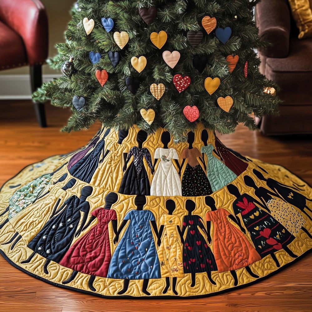 Colorful Gowns On Gold Luxury Christmas Tree Skirt — Vibrant Custom Holiday Skirting With Bold Prints, Personalization & Handmade Finish