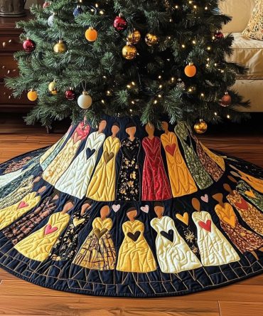 Heart Garland & Gowned Women Custom Christmas Tree Skirt — Romantic Holiday Skirting, Personalized Options, Handmade & Gift-Ready