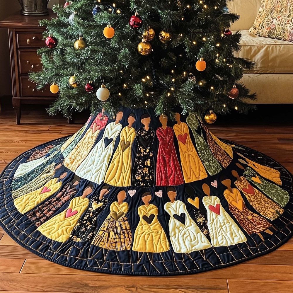 Heart Garland & Gowned Women Custom Christmas Tree Skirt — Romantic Holiday Skirting, Personalized Options, Handmade & Gift-Ready