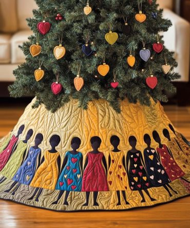 Quilted Gold Backdrop Christmas Tree Skirt With Women In Dresses — Custom Luxury Holiday Skirt, Personalization Options & Handmade Quality